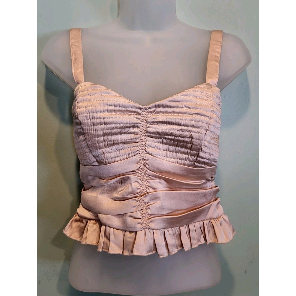 Beige Satin Ruffle Pleated Babydoll Cami Crop Top BOG Collective Sz S